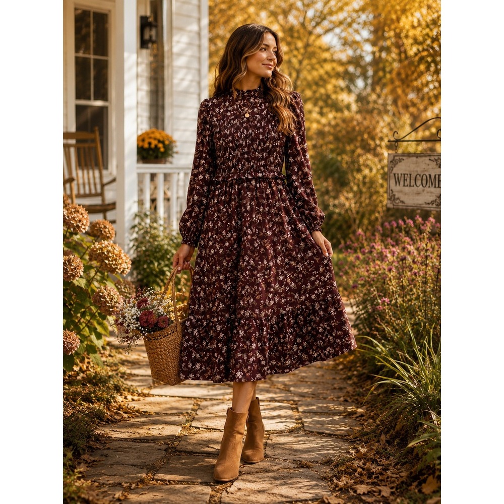 New In Floral Smocked Midi Dress Women's Medium Brown Long Sleeve Cottagecore